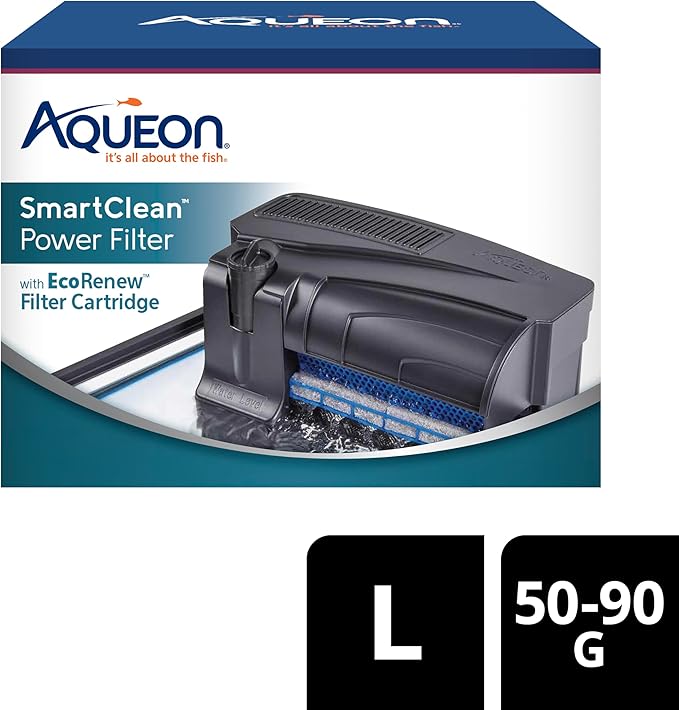Aqueon SmartClean Power Filter with EcoRenew Filter Cartridge, Quick and Easy Water Changes, Quiet Operation, Adjustable Flow, for 50-90 Gallon Freshwater and Saltwater Aquariums, Large