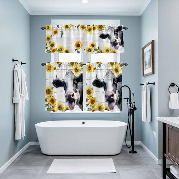 Kitchen Curtains Tiers and Valance Set of 3, Cow Sunflowers Light Filtering Window Curtain Set, Farmhouse Animals Plants Wooden Grain Rod Pocket Curtain Drapes for Cafe, Living Room, 24 Inches Tiers