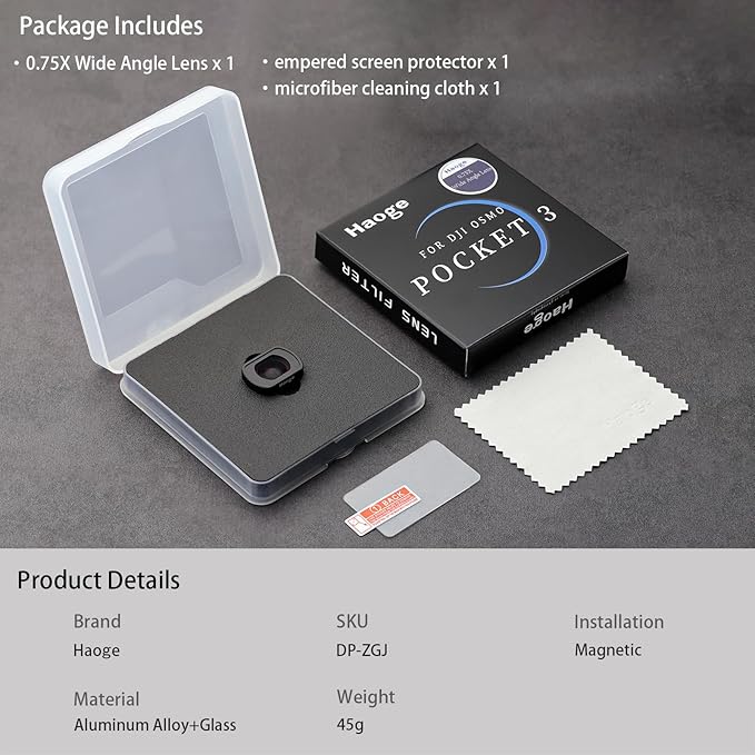 Haoge Magnetic 0.75X Wide Angle Lens for DJI Osmo Pocket 3,Expanded FOV of 108°, Dual-Sided Anti-Reflective Coating Lens with Screen Protector