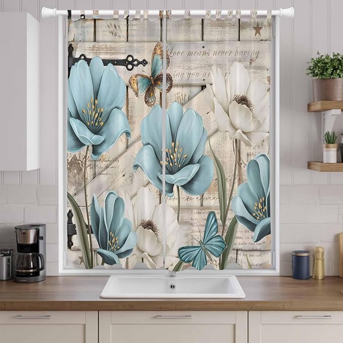 Teal Blue Tulips Living Room Curtains 84 Inch Length, Window Curtains Tab Top, Spring Floral Barn Doors Vintage Wood Beige Light Filtering Window Treatments Drapes 52"x84" 2 Panel