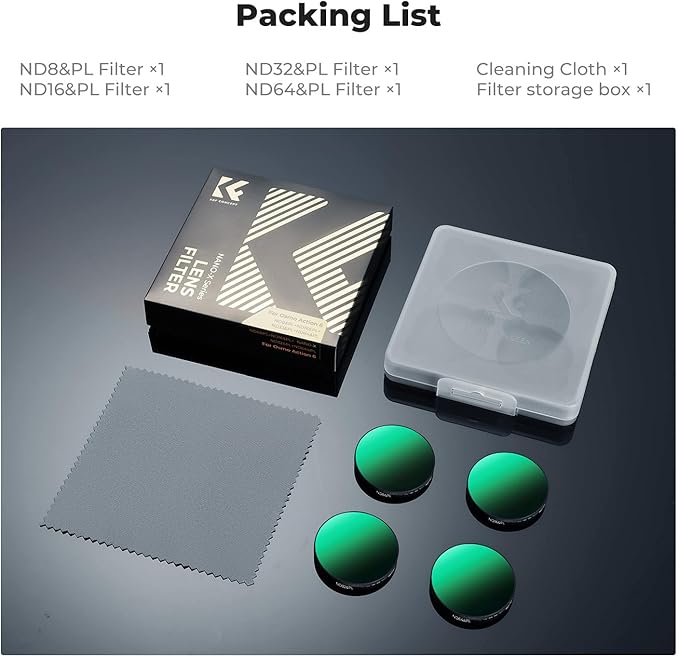 K&F CONCEPT CPL ND Filter Kit Compatible with DJI Osmo Action 6, 4 Pack (ND8/PL ND16/PL ND32/PL ND64/PL) Hybrid Neutral Density Polarizing Action Camera Accessories, Multicoated HD Optical Glass