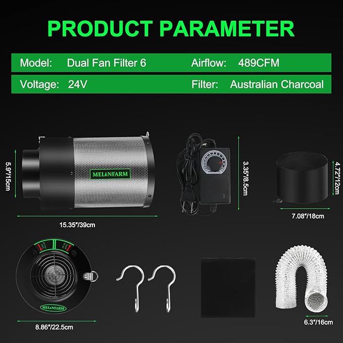 MELONFARM Dual-Fan Air Filter 6 Inch Dual-fan power boosts air circulation, Controller for Odor Control, Grow Tent,Air circulation in confined spaces