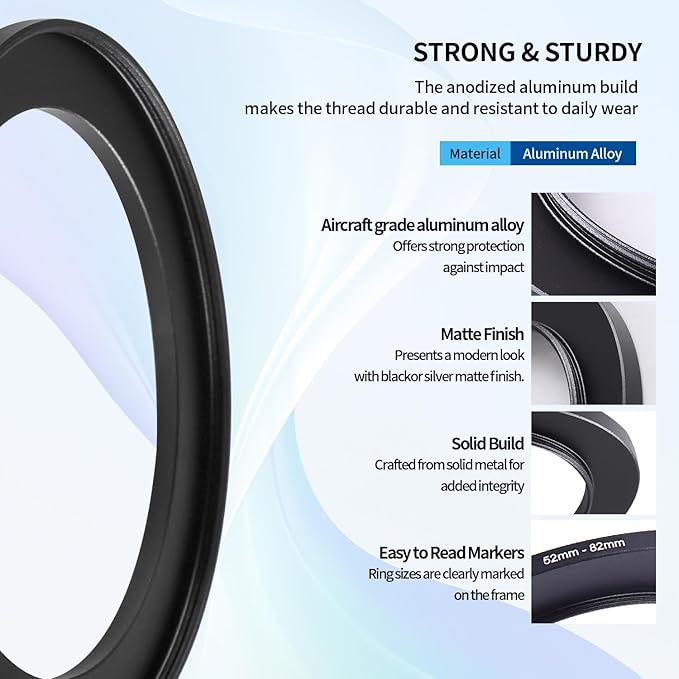 52-82mm Step-Up Ring Adapter, 52mm to 82mm Step Up Filter Ring for 52mm Lens Mount 82mm for DSLR Lenses and ND UV CPL IR Filters (52-82mm)