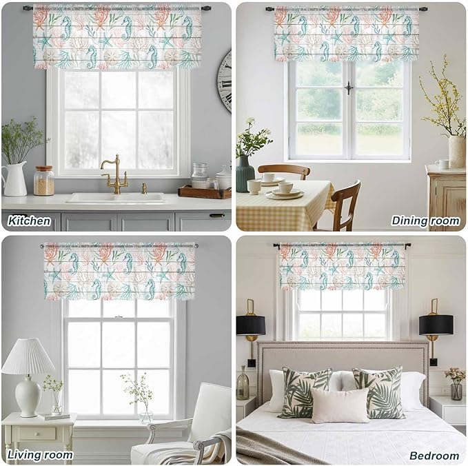 Teal Seahorse Starfish Sheer Valance Curtains, Summer Beach Coral Shell Board Light Filtering Kitchen Valances Rod Pocket Voile Curtain Window Treatment for Bedroom/Living Room/Basement 42Wx18L