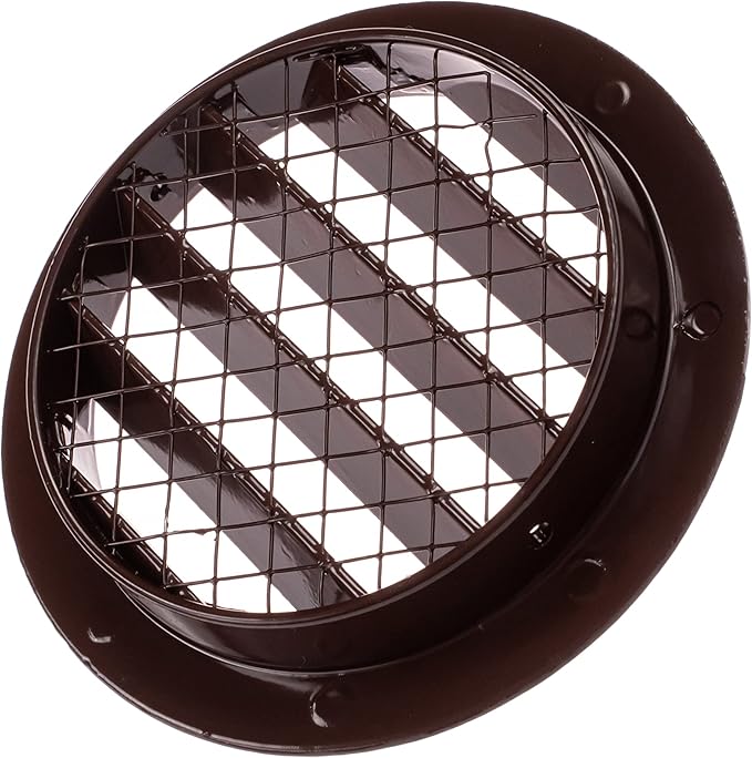 4" Brown Vent Cover - Aluminum - Industrial Round Air Vent Louver - Metal Soffit Vent with Screen - Mesh - Round Vent Grille for House Or Garage Wall