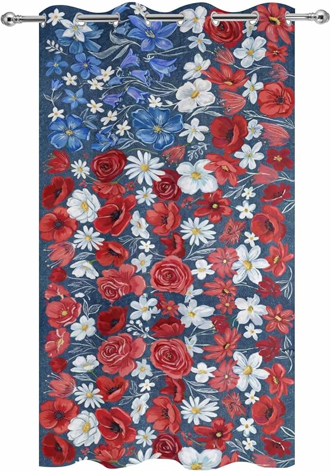 4th of July Outdoor Curtains for Patio Patriotic Flowers Farmhouse Red Waterproof Outside Curtains with Grommet Top Weatherproof Curtain for Cabana Pergola Gazebo, 1 Panel, 54" W x 95" L