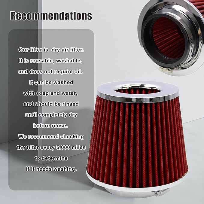 RYANSTAR RACING 89mm 3.5" High Flow Round Tapered Cone Cool Air Filter Cleaner with Top Filter Design Short 150mm tall