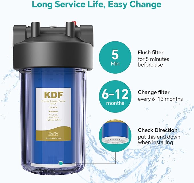 SimPure Whole House Water Filter Cartridges 5 Micron 10" x 4.5" CTO+GAC/KDF 2-Stage Carbon and Heavy Metal Filter Set, for DB10C-2KDF, DB10P, WGB21B-KS, FC15B, FG15B-KS, 2 Sets