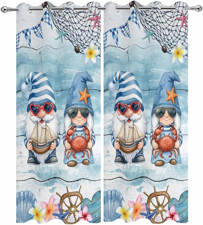 Ocean Gnome Outdoor Curtains for Patio Summer Marine Plumeria Shell Wood Blue Waterproof Outside Curtains with Grommet Top Weatherproof Curtain for Cabana Pergola Gazebo, 2 Pack, 54" W x 84" L