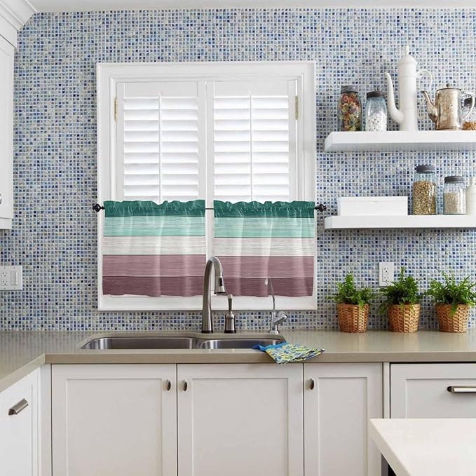 Retro Farm Woodcuts Texture Window Valance Curtains, Green Brown Gradient Light Filtering Kitchen Valance with 3-inch Rod Pocket for Living Room Bathroom Bedroom,2 Panel,27.5x24In