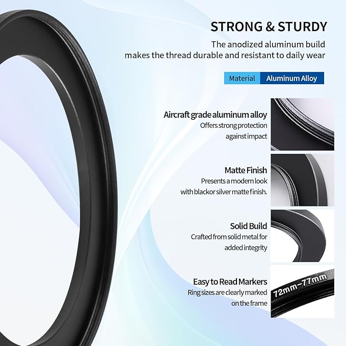 72-77mm Step-Up Ring Adapter, 72mm to 77mm Step Up Filter Ring for 72mm Lens Mount 77mm for DSLR Lenses and ND UV CPL IR Filters (72-77mm)