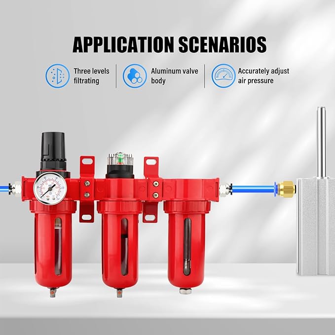 3/8" NPT 3 Stage Aluminium Air Drying System,Coalescing Filter, Particulate Filter, Desiccant Dryer and Air Regulator, Manual Drain, Mid Flow, For Plasma Cutter and Paint Spray