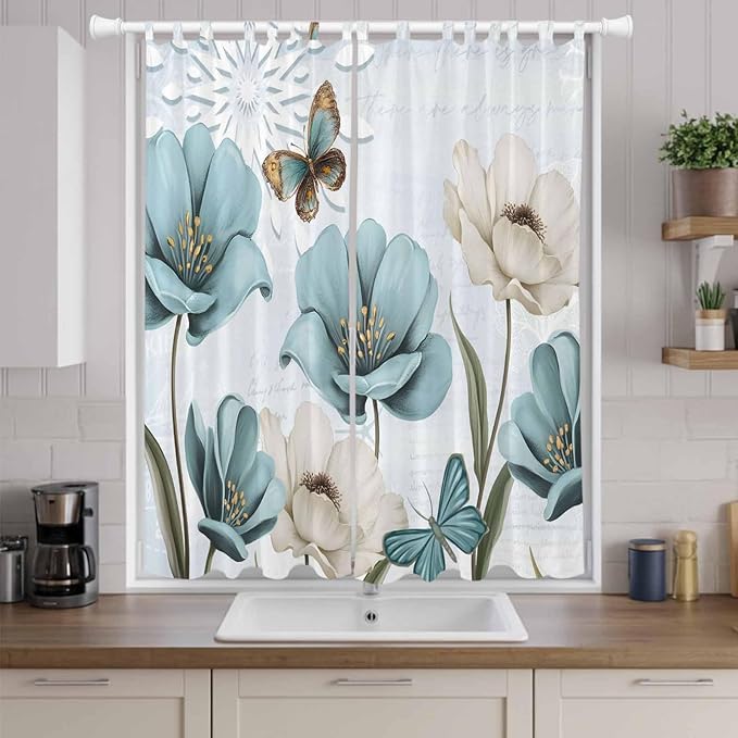Blue Tulips Living Room Curtains 96 Inch Length, Window Curtains Tab Top, Watercolor Flowers Butterfly Spring Farmhouse Blue Light Filtering Window Treatments Drapes 52"x96" 2 Panel