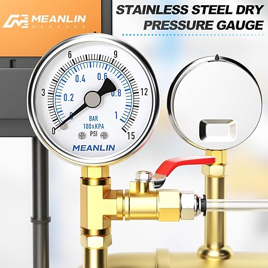 MEANLIN MEASURE 0~15Psi Dry Low Pressure Gauge Stainless Steel 1/4" NPT 2" FACE DIAL Waterproof for Water Oil Air Well Pump Tank Tire Pressure Test Lower Mount, with 1/2" NPT and 3/8" NPT Hex Bushing