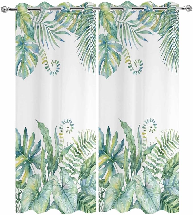 Leaves Outdoor Curtains for Patio Green Leaf Tropical Plants Farmhouse Pastoral Waterproof Outside Curtains with Grommet Top Weatherproof Curtain for Cabana Pergola Gazebo, 2 Pack, 54" W x 108" L