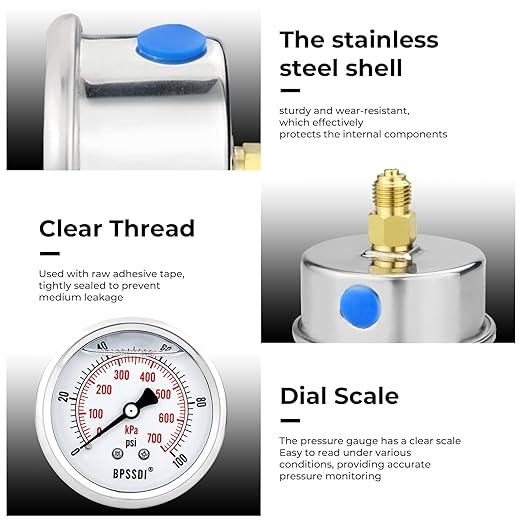 0-100Psi Glycerin Liquid Filled Low Pressure Gauge, 2.5" Dial Size, 1/4" G Back Mount, 304 Stainless Steel Case, for Water Pipe, HVAC, Water Oil Air Pressure Test