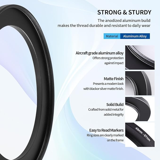49-67mm Step-Up Ring Adapter, 49mm to 67mm Step Up Filter Ring for 49mm Lens Mount 67mm for DSLR Lenses and ND UV CPL IR Filters (49-67mm)