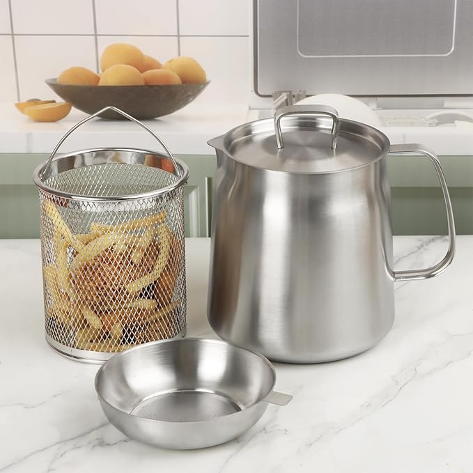 68oz 304 Stainless Steel Oil Filter Pot, Heavy Duty Bacon Grease Container & Deep Fryer Basket, Large Capacity Multi-function Oil Filter Vessel with Strainer for Kitchen Storing Frying Cooking Grease