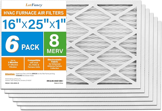 LotFancy 16x25x1 Air Filter MERV 8 6-Pack, Electrostatic Pleated Furnace & AC Filter, Captures Dust, Pet Hair, Pollen, Actual Size: 15.75"x24.75"x0.75"