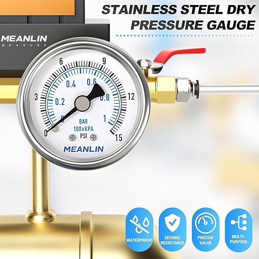 MEANLIN MEASURE 0~15Psi Dry Low Pressure Gauge Stainless Steel 1/4" NPT 2" FACE DIAL Waterproof for Water Oil Air Well Pump Tank Tire Pressure Test Back Mount, with 1/2" NPT and 3/8" NPT Hex Bushing