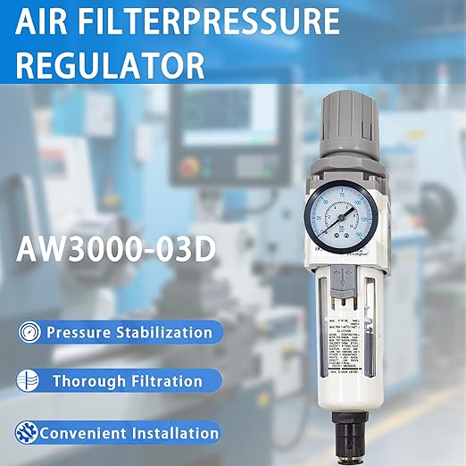 XingNEeng 3/8" NPT Compressed Air Filter Regulator Combo Piggyback, Water/Oil Trap Separator with Pressure Gauge(0-150 psi), Auto Drain, Poly Bowl, 5 Micron Brass Element, Metal Bracket