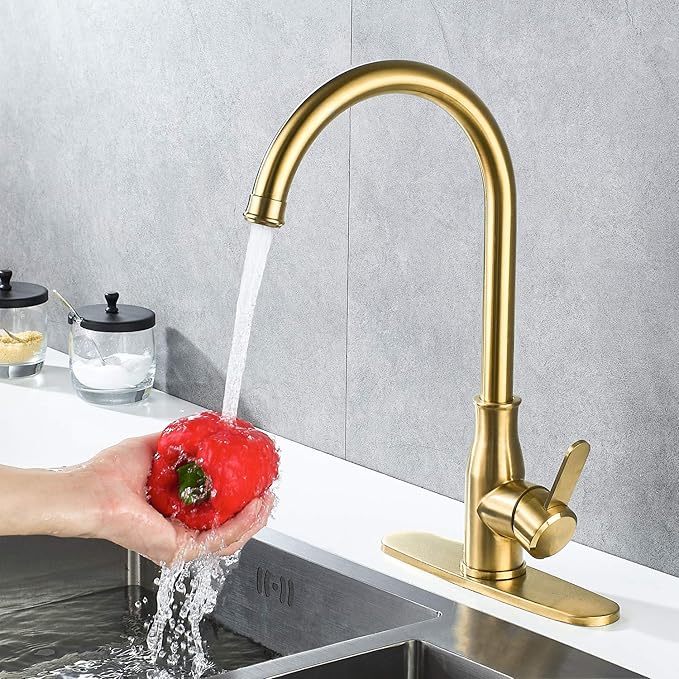 Brushed Gold Kitchen Faucet ,Modern High Arc Bar Sink Faucet ,Commercial Stainless Steel Kitchen Sink Faucet One Hole with Deck (Brushed Gold)