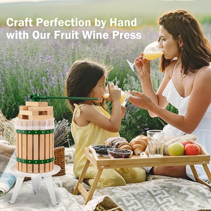 CAELUM Fruit Wine Press, 1.6 Gallon Wood Fruit and Cider Press Squeezer With T-Handle, Juice Maker, Wine Making Press Squeezer for Outdoor, Kitchen(Green)
