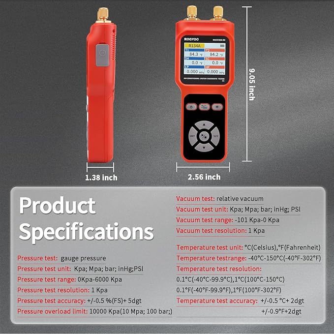 Digital Manifold Pressure Tester Gauge for HVAC, 2-Way AC Pressure Gauges with 2 Thermometer Clamps and 2 Hoses for Air Conditioner Performance Testing
