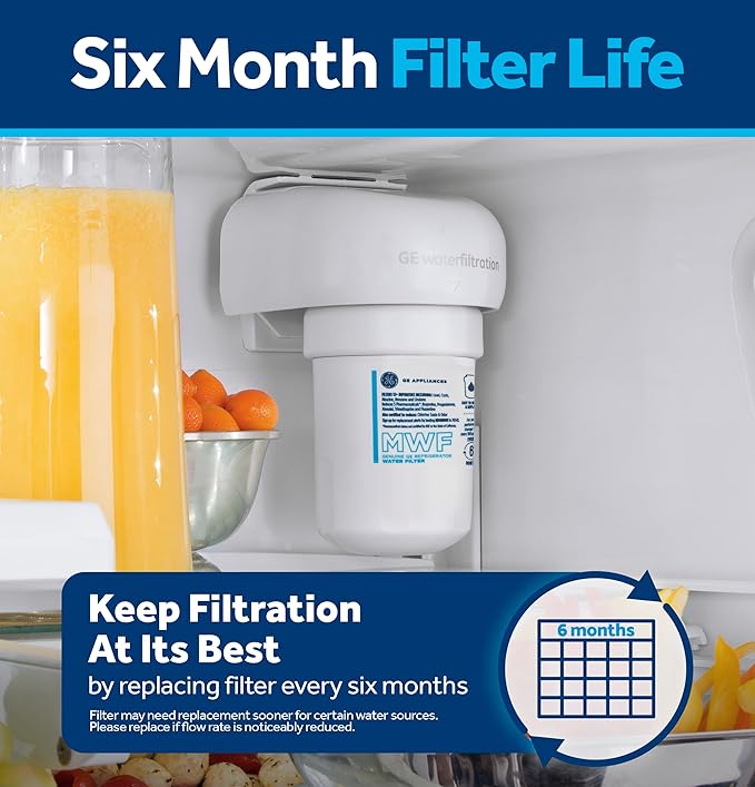 GE MWF™ Refrigerator Water Filter, Genuine Replacement Filter, Certified to Reduce Lead, Microplastics, PFOA/PFOS, and 50+ Other Impurities, Compatible with GE Appliances Brands, Pack of 2