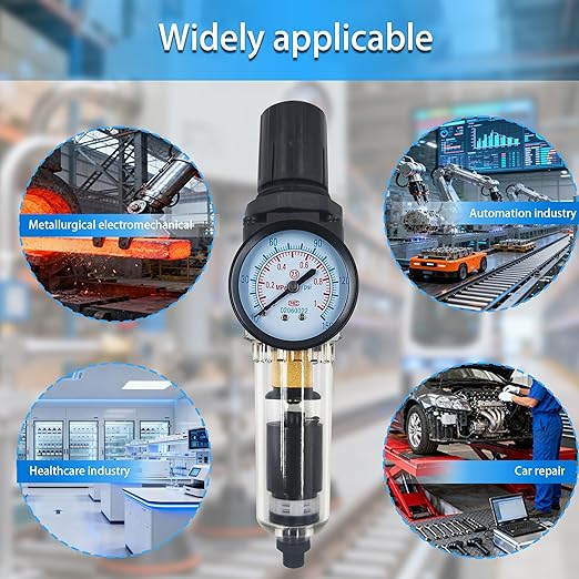 HengMinLingTong 1/4" NPT Compressed Air Filter Regulator Combo Piggyback, 5 Micron Brass Element, Poly Bowl Auto Drain, Metal Bracket, 0-150 psi AW2000-02D
