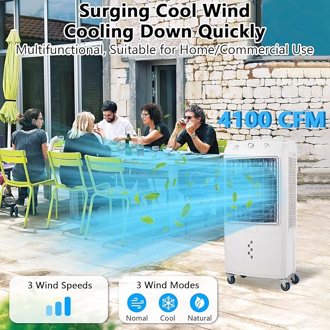 GarveeHome 4100 CFM Evaporative Air Cooler, Swamp Cooler with Remote Control and 4 Ice Packs, 3 Wind Speeds and Modes, Air Cooler for Outdoor/Indoor Use, 15.8 gal
