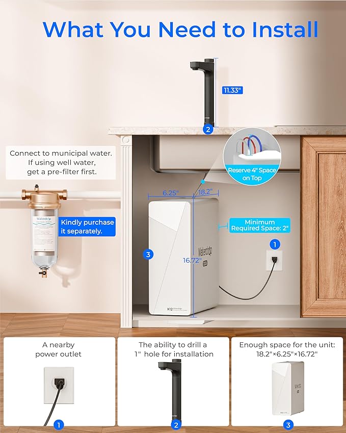 Waterdrop X12-Alkaline Mineral pH+ Tankless Reverse Osmosis System, NSF/ANSI 42&58&372 Certified, 1200 GPD RO Water Filter System, 11-Stage Filtration, 3:1 Pure to Drain, UnderSink, Black Faucet