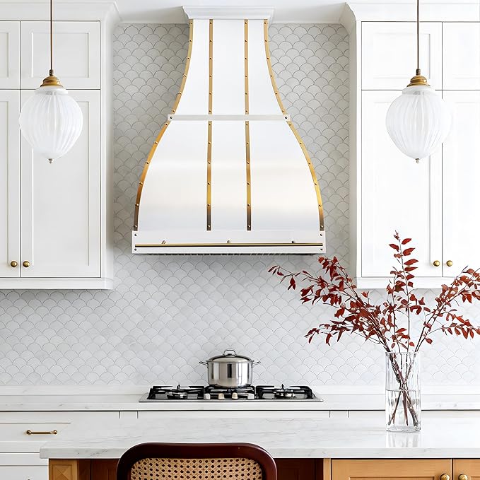 CHETTO C Stainless Steel Range Hood Cover with 4-Speed Vent Hood Insert Custom Handcrafted Metal Kitchen Fan with Towel Rack LED Light 60"W x21"D x21"H White Wall Mount