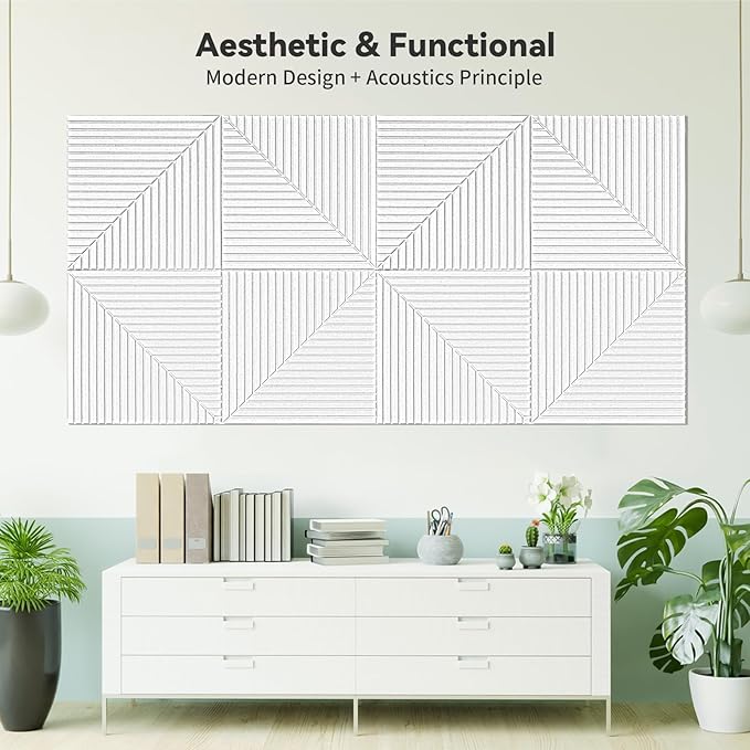 Art3d 6-Pack Self-Adhesive Acoustic Wall Panels for Home Décor, 24 x 24 Inch Soundproofing Panels for Office Studio Bedroom - High Noise Absorption Polyester Fiber, White