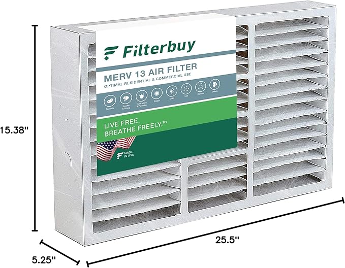 Filterbuy 16x25x5 Air Filter MERV 13 Optimal Smoke & Allergy Defense (1-Pack), Pleated HVAC AC Furnace Filters for Amana, Coleman, Goodman, Maytag, York, and More (Actual Size: 15.38 x 25.50 x 5.25)