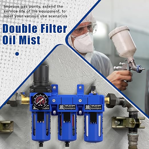 NEWPO 3/8'' NPT Compressed Air Filter Regulator Lubricator Combo Water/Oil Trap Separator with Pressure Gauge,Brass Filter and Coalescing Filter,Semi-Auto Drain, Metal Bracket-Blue