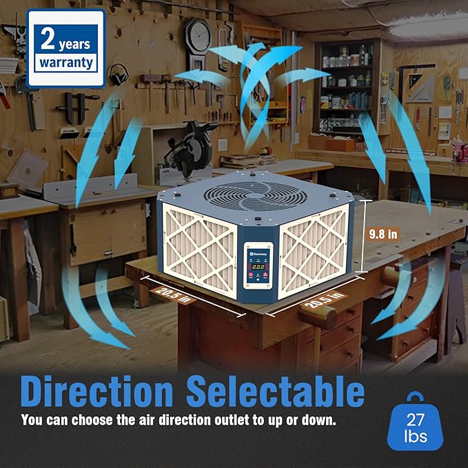 360° Woodshop Air Filtration System Woodworking - 1050/1350 CFM, Built-in Ionizer, with Strong Vortex Fan, Shop Air Filtration for Garage, Works Shop, Dust Collectors System, KMF12D, Blue