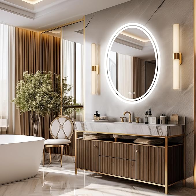 LUVODI Lighted LED Bathroom Mirror: 32”x24” Oval Wall Mounted Dimmable Makeup Mirror Anti-Fog with Back Lit - Illuminated 3 Colors Vanity Mirrors with Demister Pad Smart Touch Switch IP56 Rated