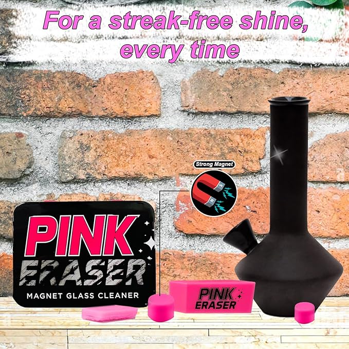Pink Formula Pink Eraser Magnetic Glass Scrubber – 2 Sizes of Scrub Heads - Glass Cleaner - Removes Herb & Oil Residue for Spotless Glass Cleaning - Reusable Magnetic Glass Cleaner