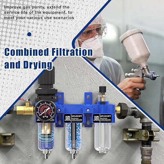 NEWPO 1/4" NPT Compressed Air Filter Regulator Lubricator Combo, Water/Oil Trap Separator,Brass Filter & Desiccant Dryers,Semi-Auto Drain,Metal Bracket-Blue