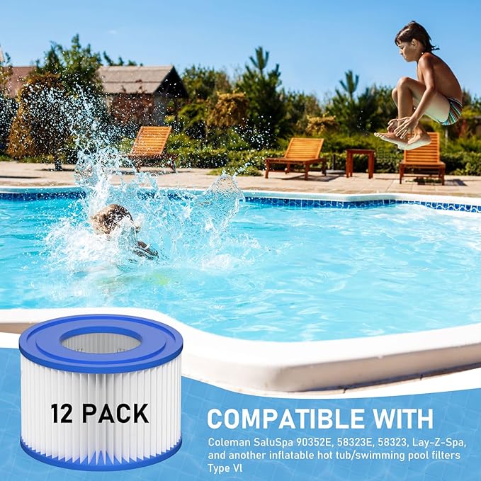 Type VI Hot Tub Filter Cartridge Compatible with Lay-Z-Spa, Coleman SaluSpa 90352E, 58323E, 58323 Swimming Pool Pump (12 Pack)