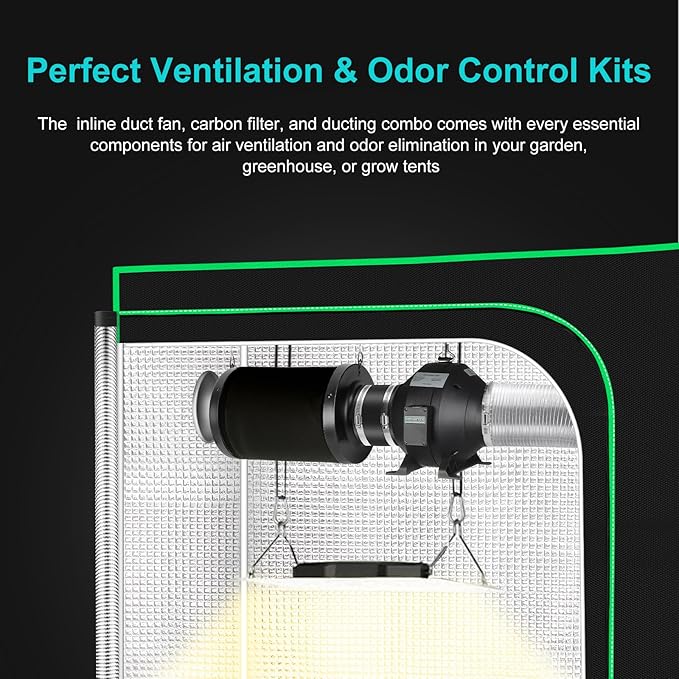MELONFARM Air Filtration Kit, 4" 190 CFM Inline Duct Fan with Speed Controller, 12" High Carbon Filter, 8 Ft Ducting & Rubber Coupler, Air Cooling and Filtration Kit for Grow Tent, Hydroponics