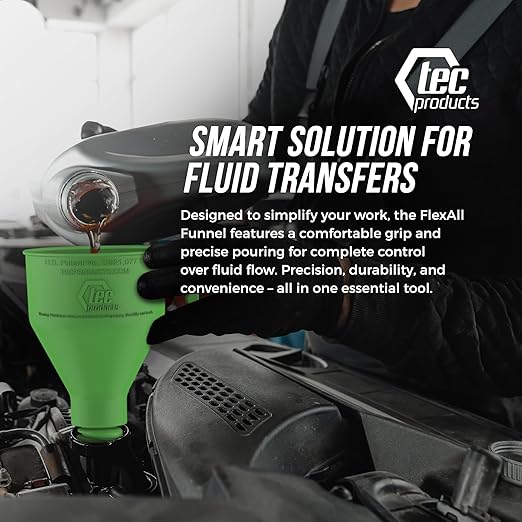 TEC Products FlexAll Long Flexible Funnels - Automotive Oil Funnel with Hose, Durable Nitrile Rubber for Oil Change, Transmission Funnel Fluid, Diesel, Fuel, Gas - Made in USA - Green (16 x 5 Inches)