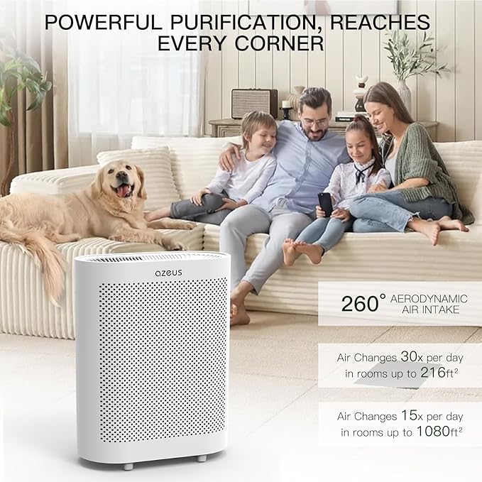 Azeus FS32 True HEPA Air Purifier for Large Rooms, White, High CADR 400m³/h, Smoke Dust Pet Dander Removal, Auto Mode with Air Quality Sensor
