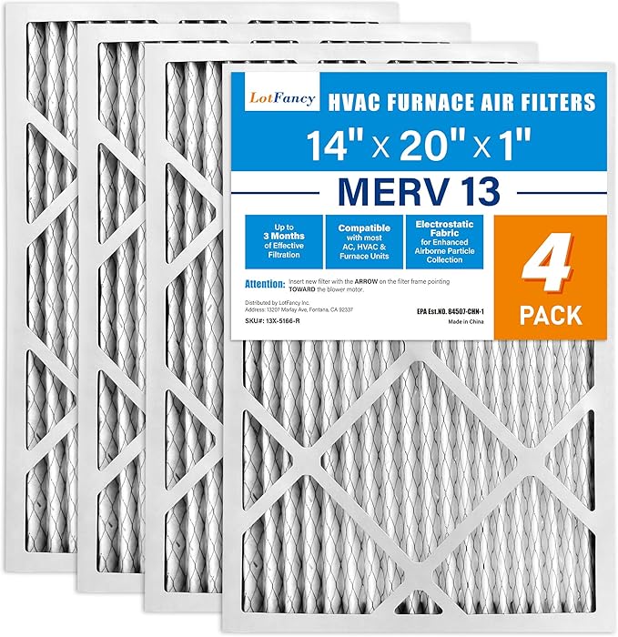 LotFancy 14x20x1 Air Filter MERV 13 4-Pack, Electrostatic Pleated HVAC Furnace Air Filter, Captures Pet Dander Smog Smoke, Actual Size: 13.75"x19.75"x0.75"