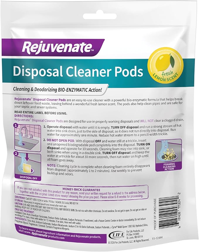 Rejuvenate Disposal Cleaner, 6 Pods, Lemon Scented Disposal And Pipe Cleaner Pods With Bio-Enzymatic Formula Help Break Down Leftover Food Waste And Remove Odors For A Clean, Fresh Disposal, 6 Pack