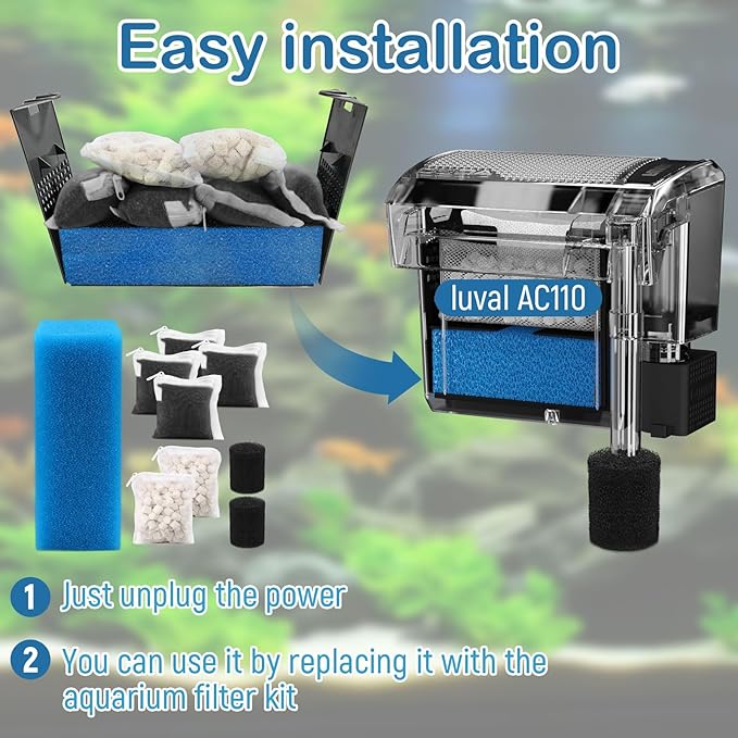 Aquarium Media Maintenance Kit Replacement for Fluval AC110 Power Filter, Includes 1 Blue Foam Filters, 2 Intake Strainer Sponge,2Pack Ceramic Rings and 4 Pack Activated Carbon