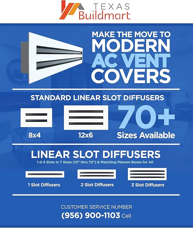 BUILDMART - 14x14 Modern AC Vent Cover - Decorative White Aluminum Air Vent - Standard Linear Slot Diffuser - Heating and Cooling Register Grille for Ceiling, Walls & Floors - Texas Buildmart