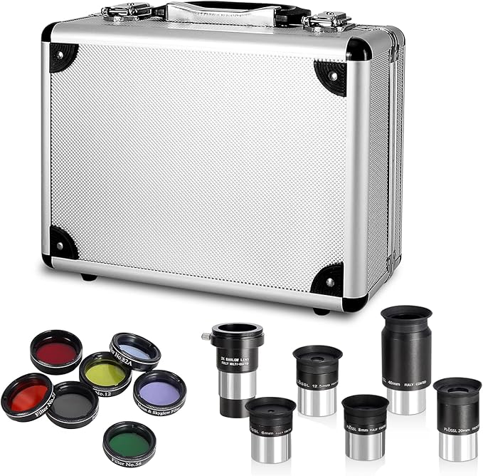 Telescope Accessory Kit - 1.25" Telescope Eyepiece and Filter Set with a Sturdy Carry Case - Five Plossl Eyepieces, 2X Barlow Lens and Seven Filters