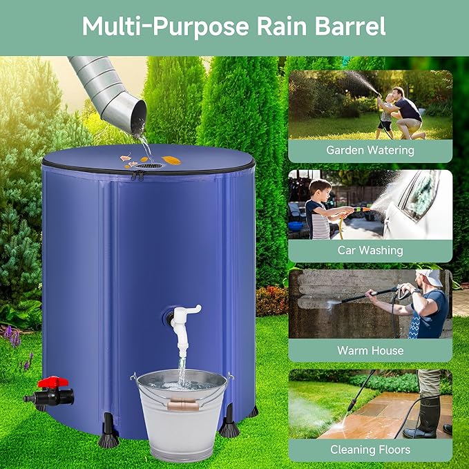 Collapsible Rain Barrel Water Storage Containers-53 Gallon Portable Rainwater Collect System Water Tank to Collect Rainwater from Gutter Downspout Water Catcher with Spigots,Filter&Overflow Kits